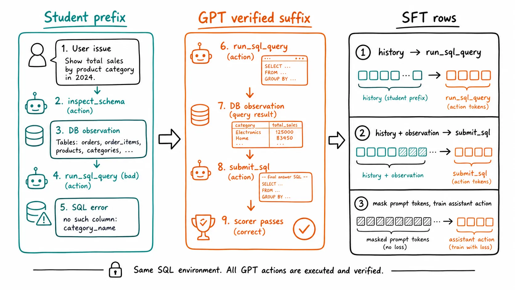 A verified teacher suffix is split into per-action SFT rows that retain the student's preceding state and each new environment observation